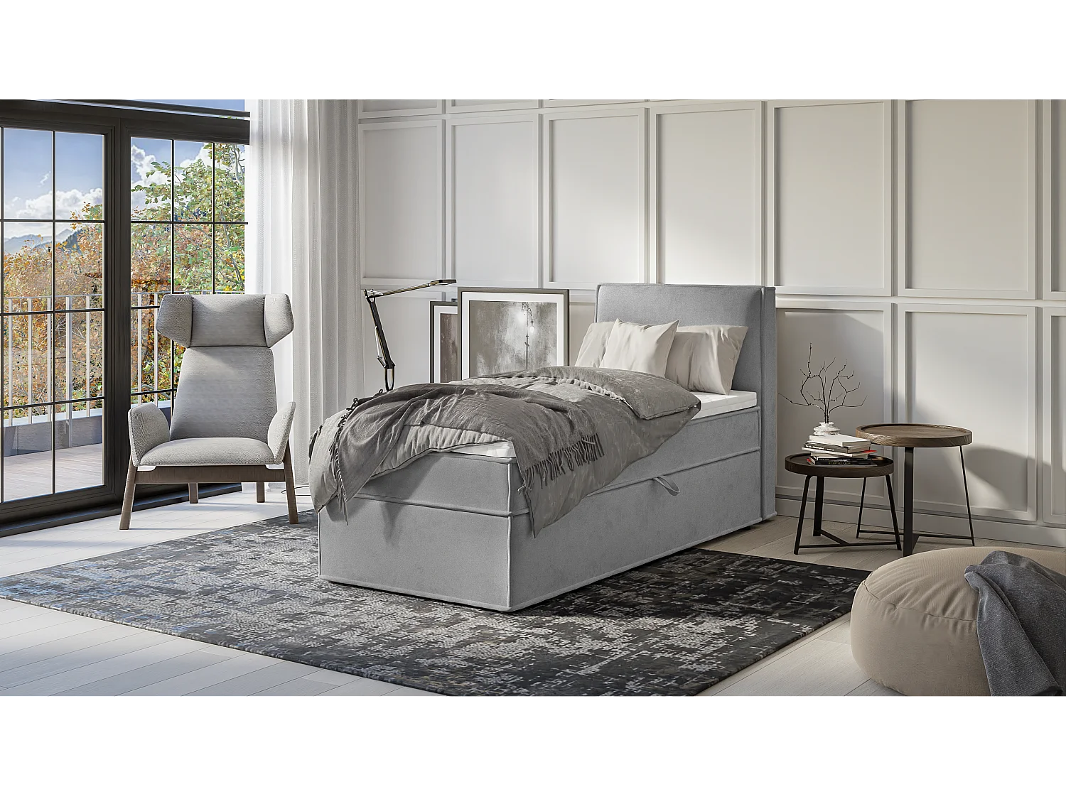 Dexter - Modernes Boxspringbett 90x200 mit Topper und Bettkästen aus Grau Luxusmicrofaser