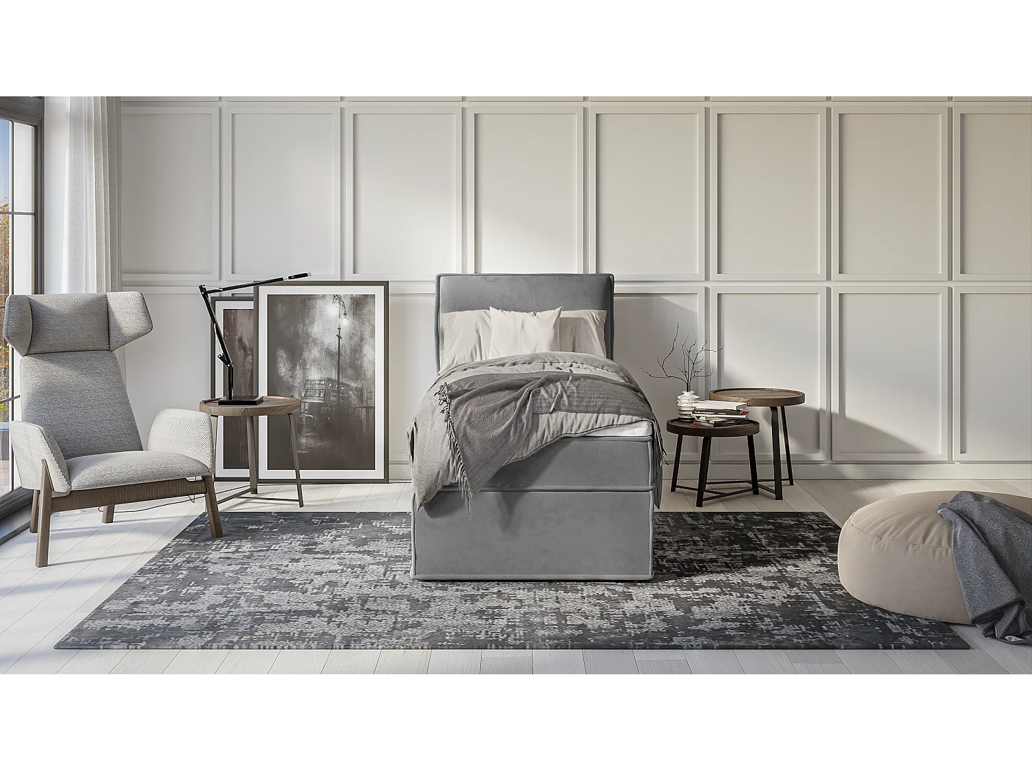 Dexter - Modernes Boxspringbett 90x200 mit Topper und Bettkästen aus Grau Luxusmicrofaser