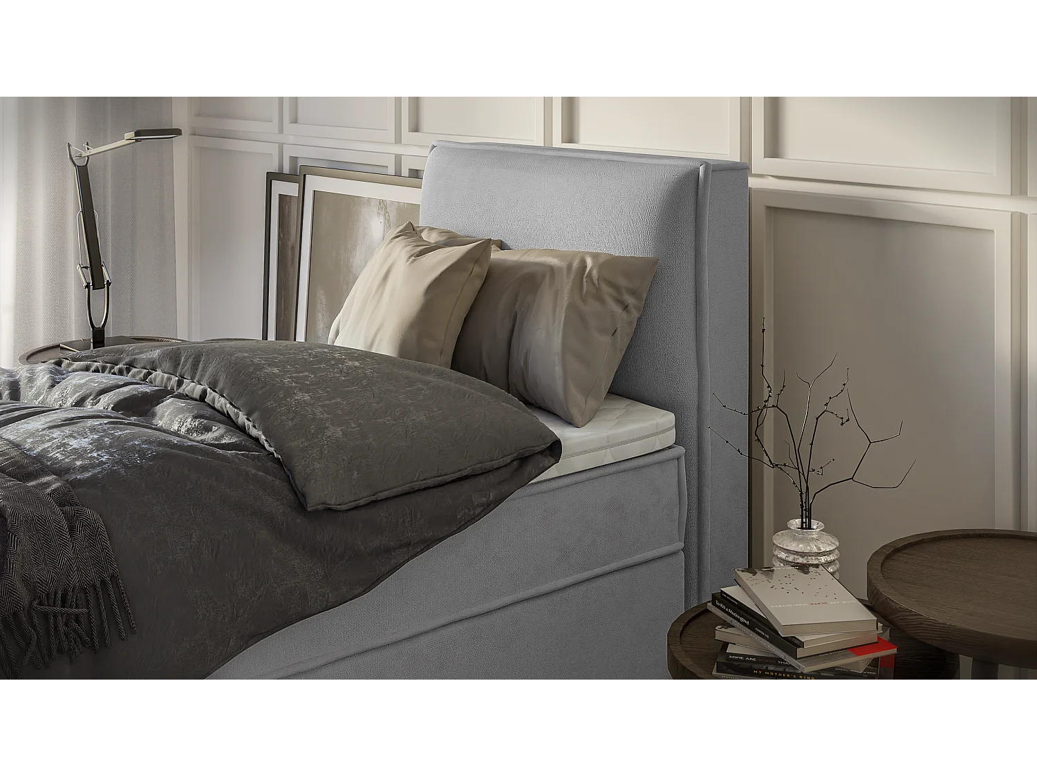 Dexter - Modernes Boxspringbett 90x200 mit Topper und Bettkästen aus Grau Luxusmicrofaser