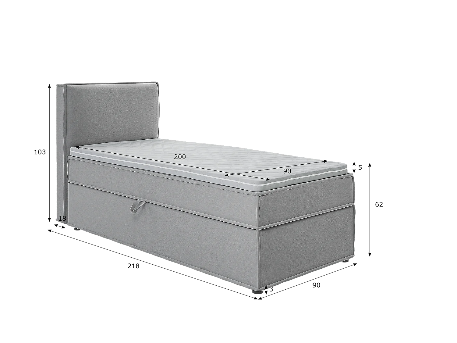 Dexter - Modernes Boxspringbett 90x200 mit Topper und Bettkästen aus Grau Luxusmicrofaser