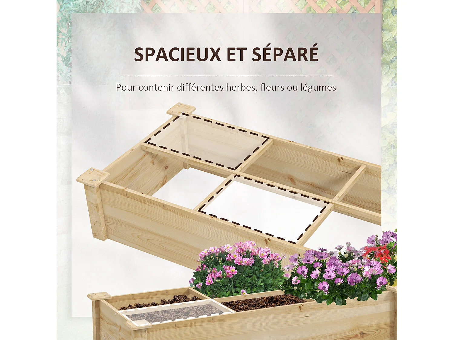 Carré potager de jardin dim. 237L x 60l x 25H cm séparations incluses bois de sapin