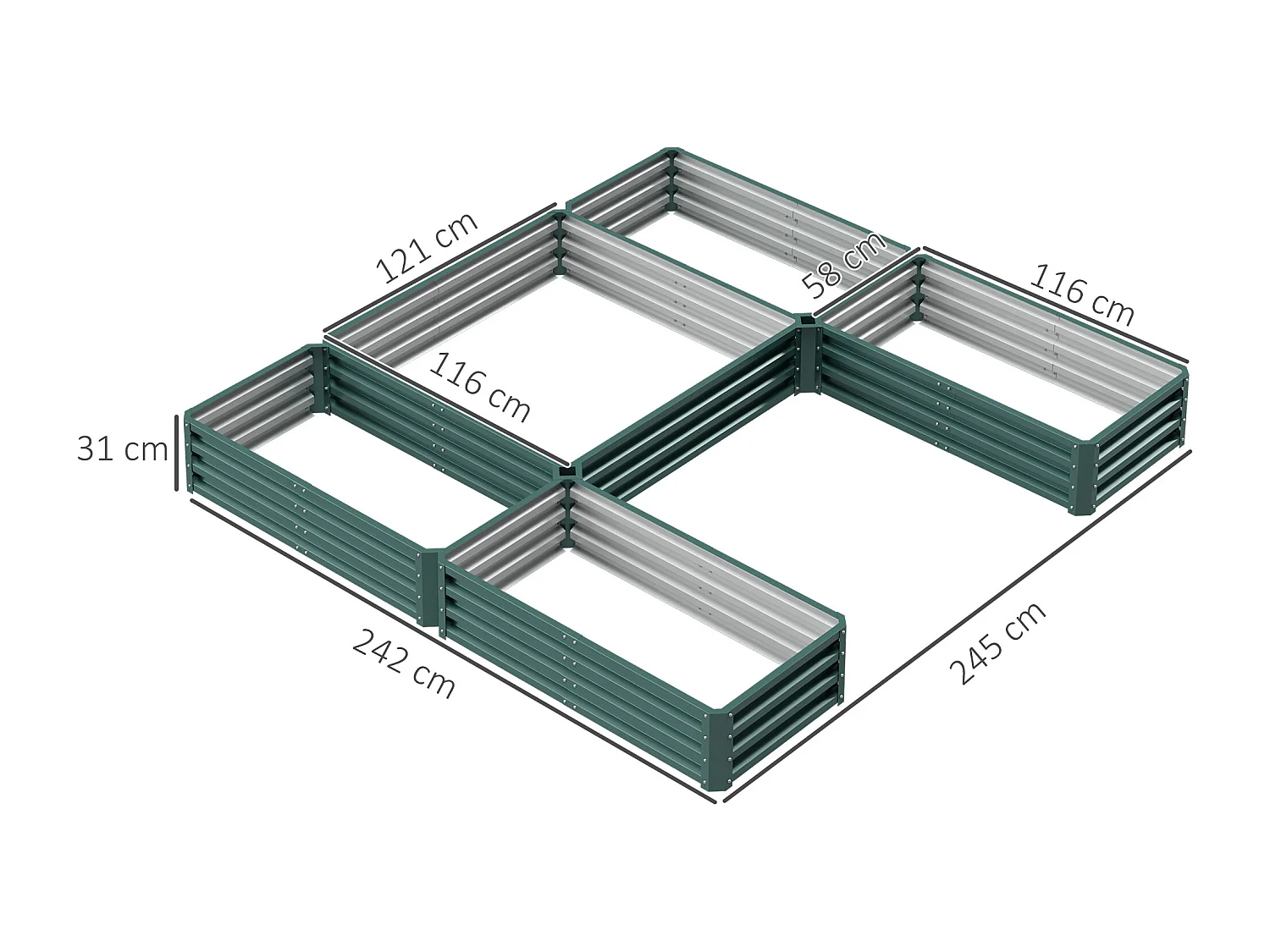 Lot de 5 carrés potager de jardin - forme personnalisable - tôle d'acier ondulée vert