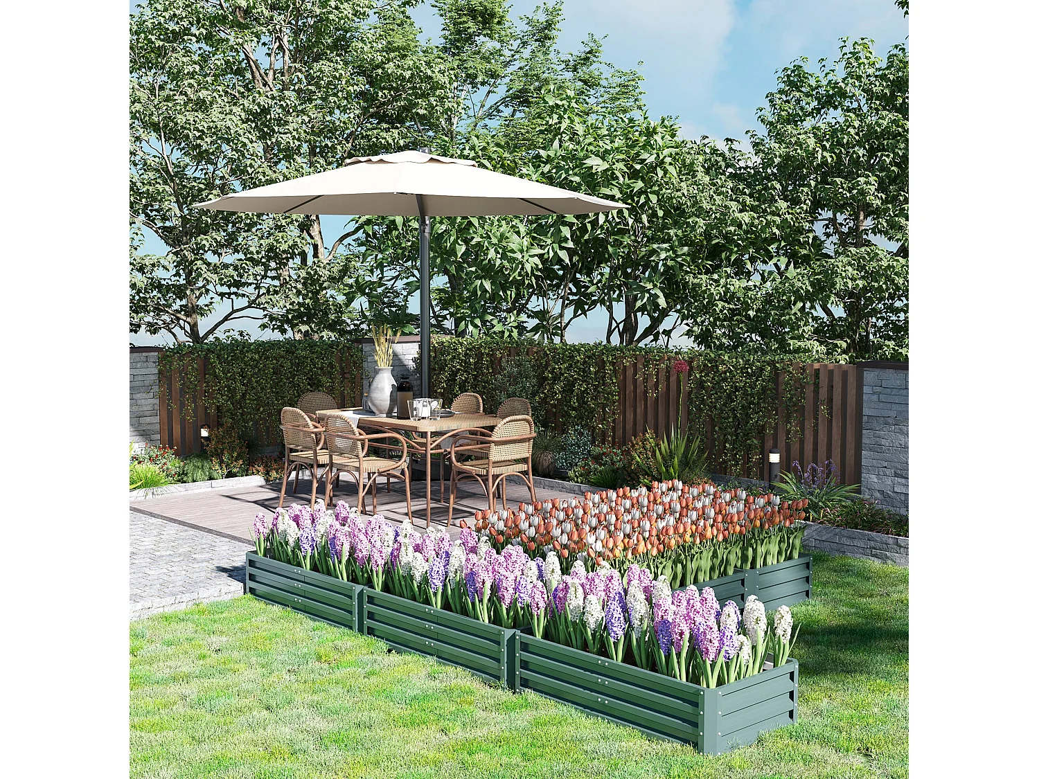 Lot de 5 carrés potager de jardin - forme personnalisable - tôle d'acier ondulée vert