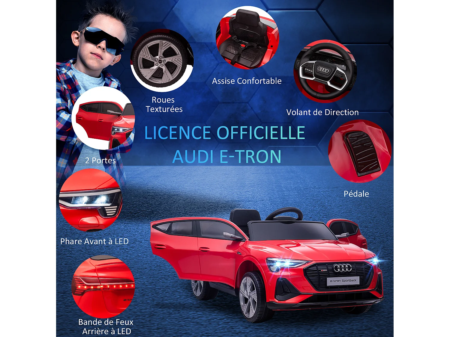 Elektrische kinderauto e-tron Sportback S line 12V met geluids- en lichteffecten, afstandsbediening en USB-poort - Rood