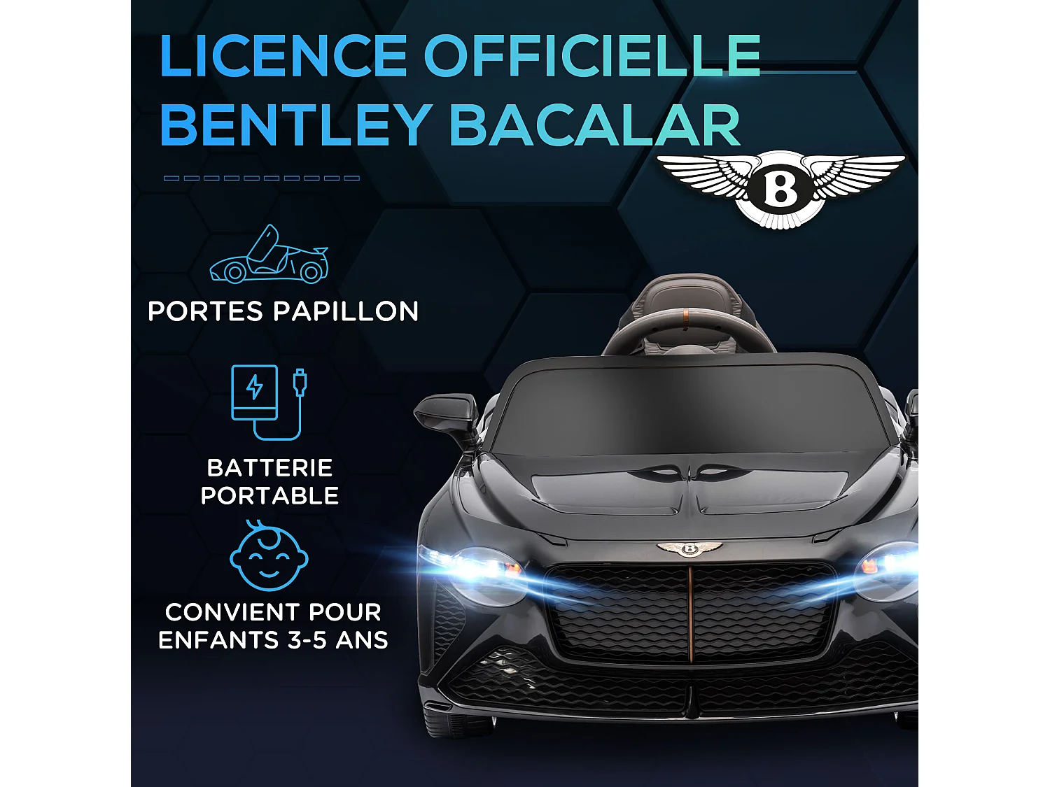 Véhicule électrique enfant Bentley Bacalar 2 moteurs 2 x 25 W télécommande effets sonores et lumineux noir