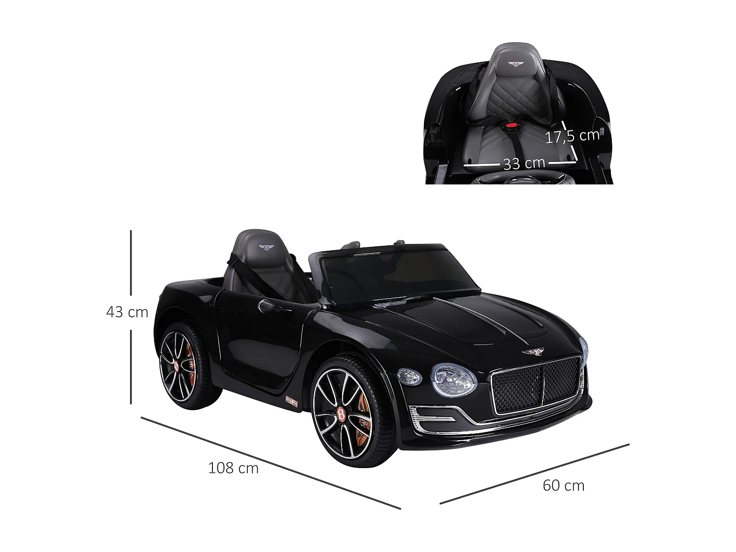 Véhicule électrique enfants 2 moteurs 108L x 60l x 43H cm télécommande effets sonores + lumineux noir Bentley