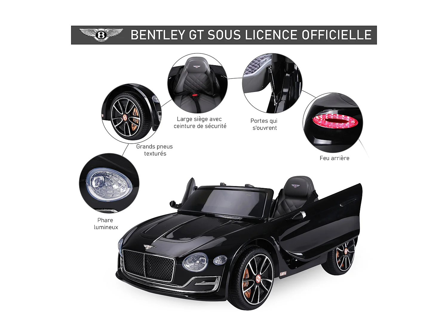 Véhicule électrique enfants 2 moteurs 108L x 60l x 43H cm télécommande effets sonores + lumineux noir Bentley