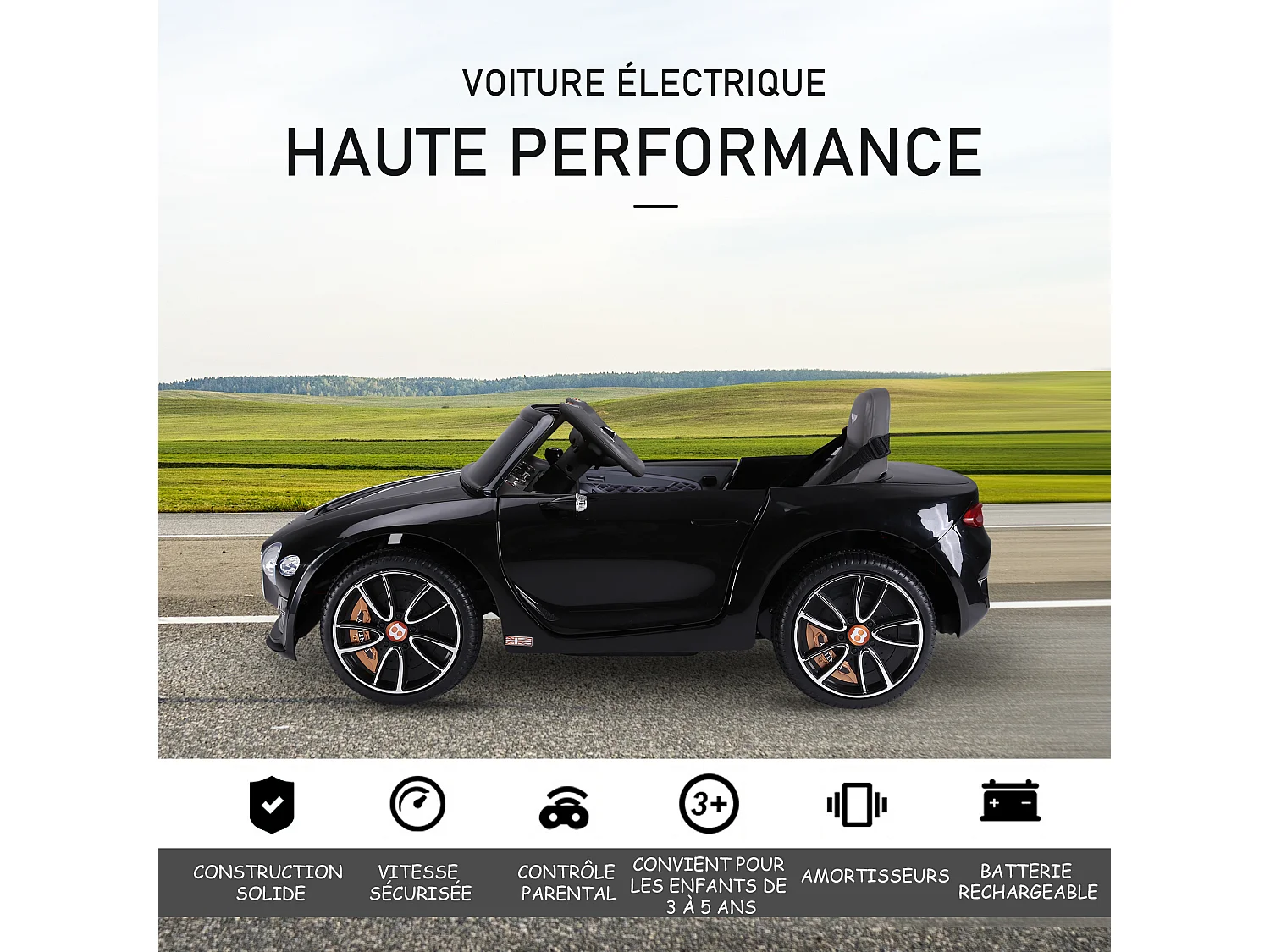 Véhicule électrique enfants 2 moteurs 108L x 60l x 43H cm télécommande effets sonores + lumineux noir Bentley