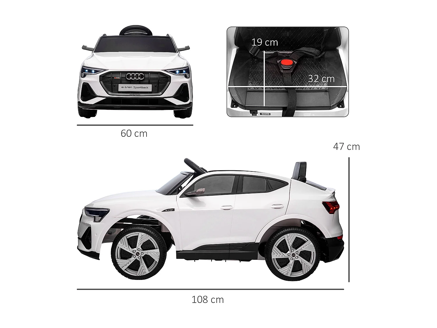 Voiture véhicule électrique enfant e-tron Sportback S line 12 V - V. max. 8 Km/h - effets sonores, lumineux - télécommande, port USB, MP3 - blanc