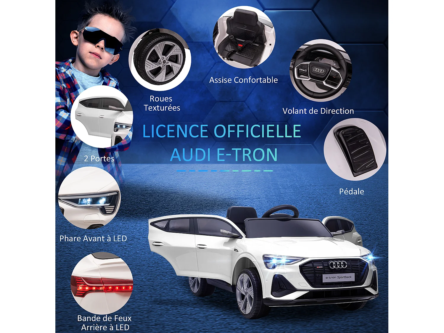 Voiture véhicule électrique enfant e-tron Sportback S line 12 V - V. max. 8 Km/h - effets sonores, lumineux - télécommande, port USB, MP3 - blanc