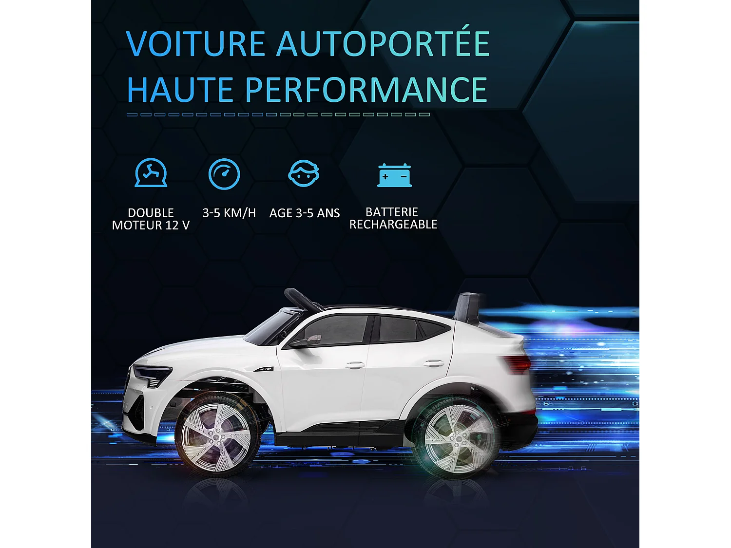 Voiture véhicule électrique enfant e-tron Sportback S line 12 V - V. max. 8 Km/h - effets sonores, lumineux - télécommande, port USB, MP3 - blanc
