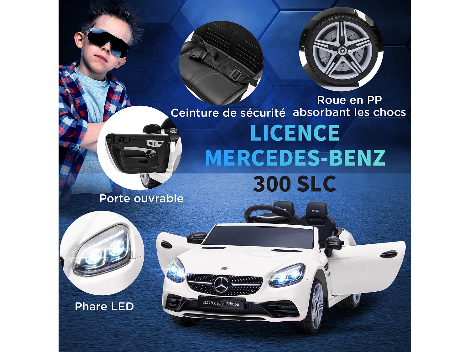 Voiture véhicule électrique enfant 6 V 5 Km/h max. télécommande effets sonores + lumineux Mercedes SLC 300 blanc