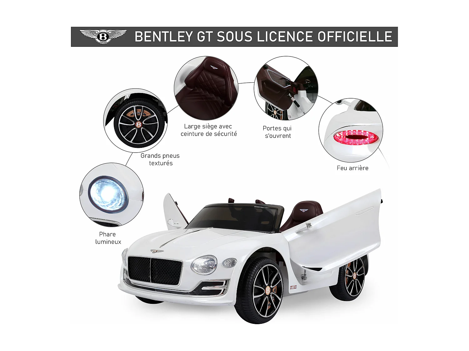 Véhicule électrique enfants 2 moteurs 108L x 60l x 43H cm télécommande effets sonores + lumineux blanc Bentley