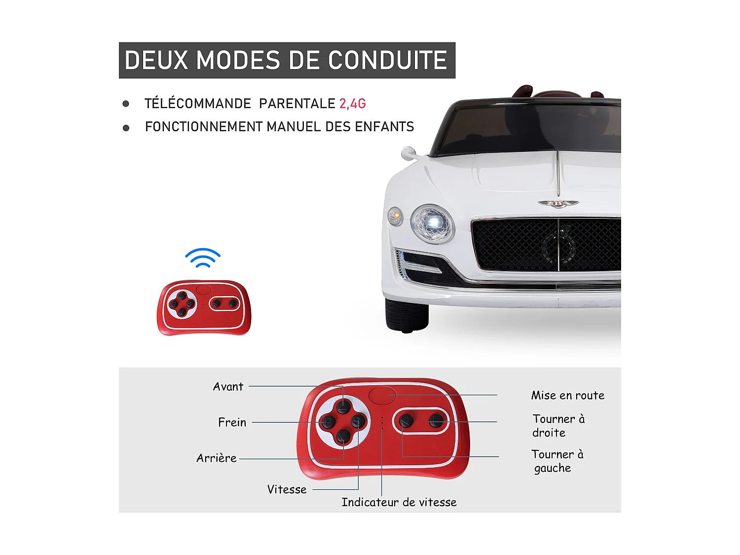 Véhicule électrique enfants 2 moteurs 108L x 60l x 43H cm télécommande effets sonores + lumineux blanc Bentley