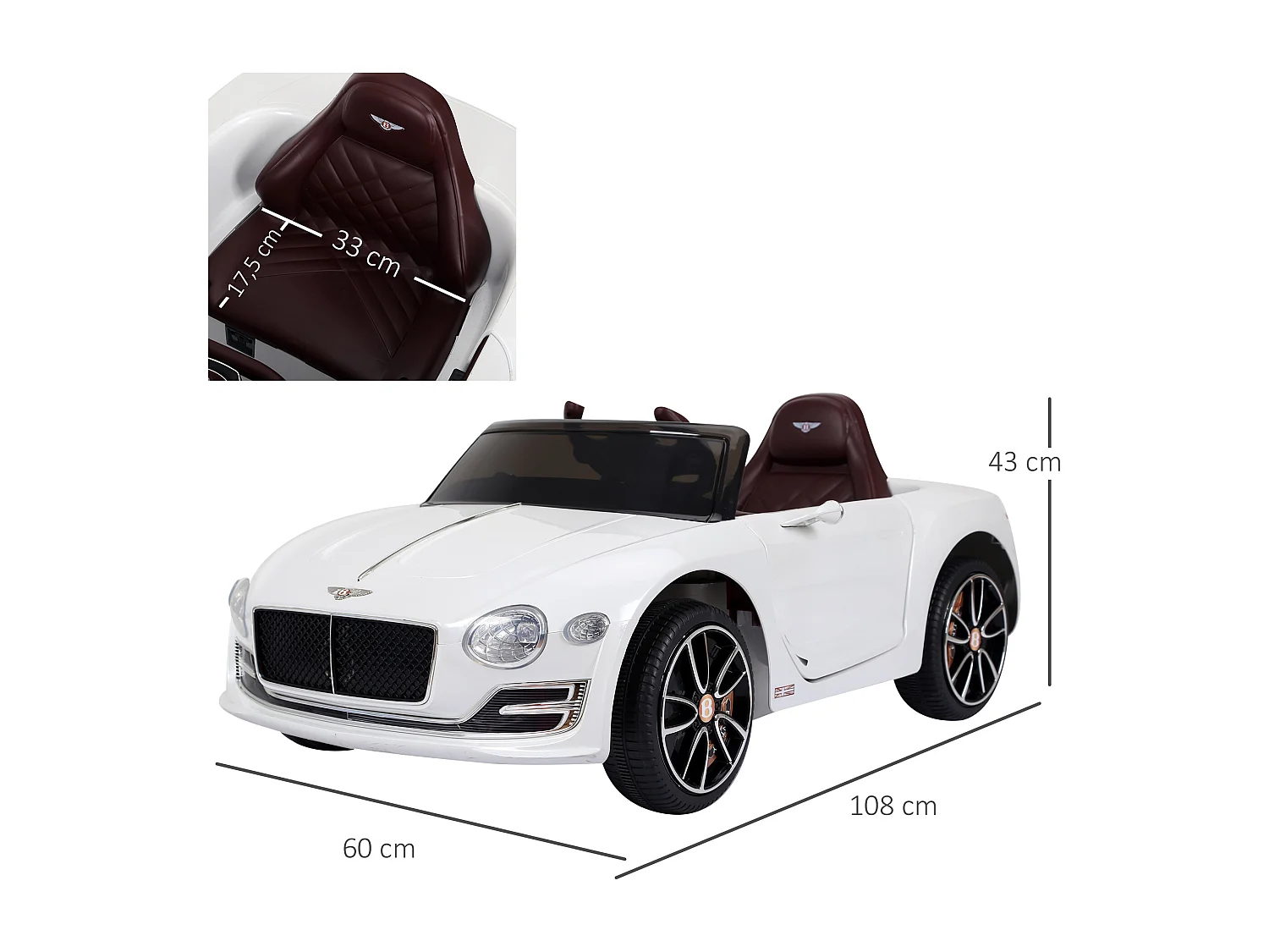 Véhicule électrique enfants 2 moteurs 108L x 60l x 43H cm télécommande effets sonores + lumineux blanc Bentley