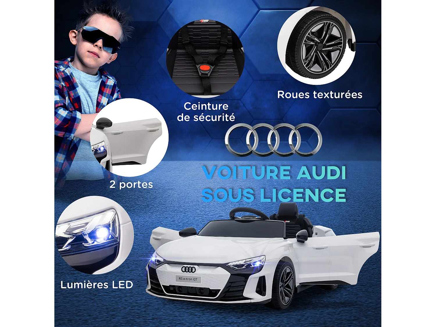 Véhicule électrique enfant Audi RS e-tron GT V. max. 5 Km/h télécommande effets sonores + lumineux blanc