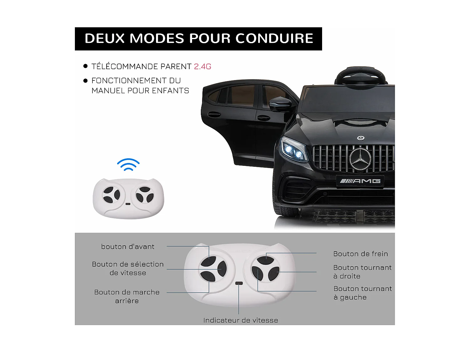Voiture véhicule électrique enfant 12 V 35 W V. 3-5 Km/h télécommande effets sonores + lumineux Mercedes GLC AMG noir