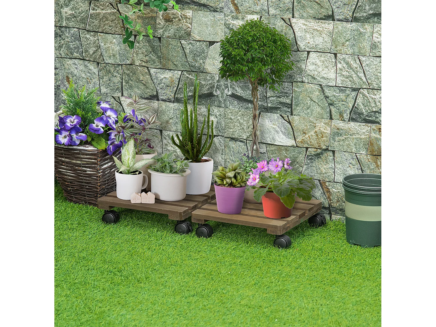 Porte plante à roulettes - support de pots de fleurs à roulettes - lot de 2 - bois sapin pré-huilé