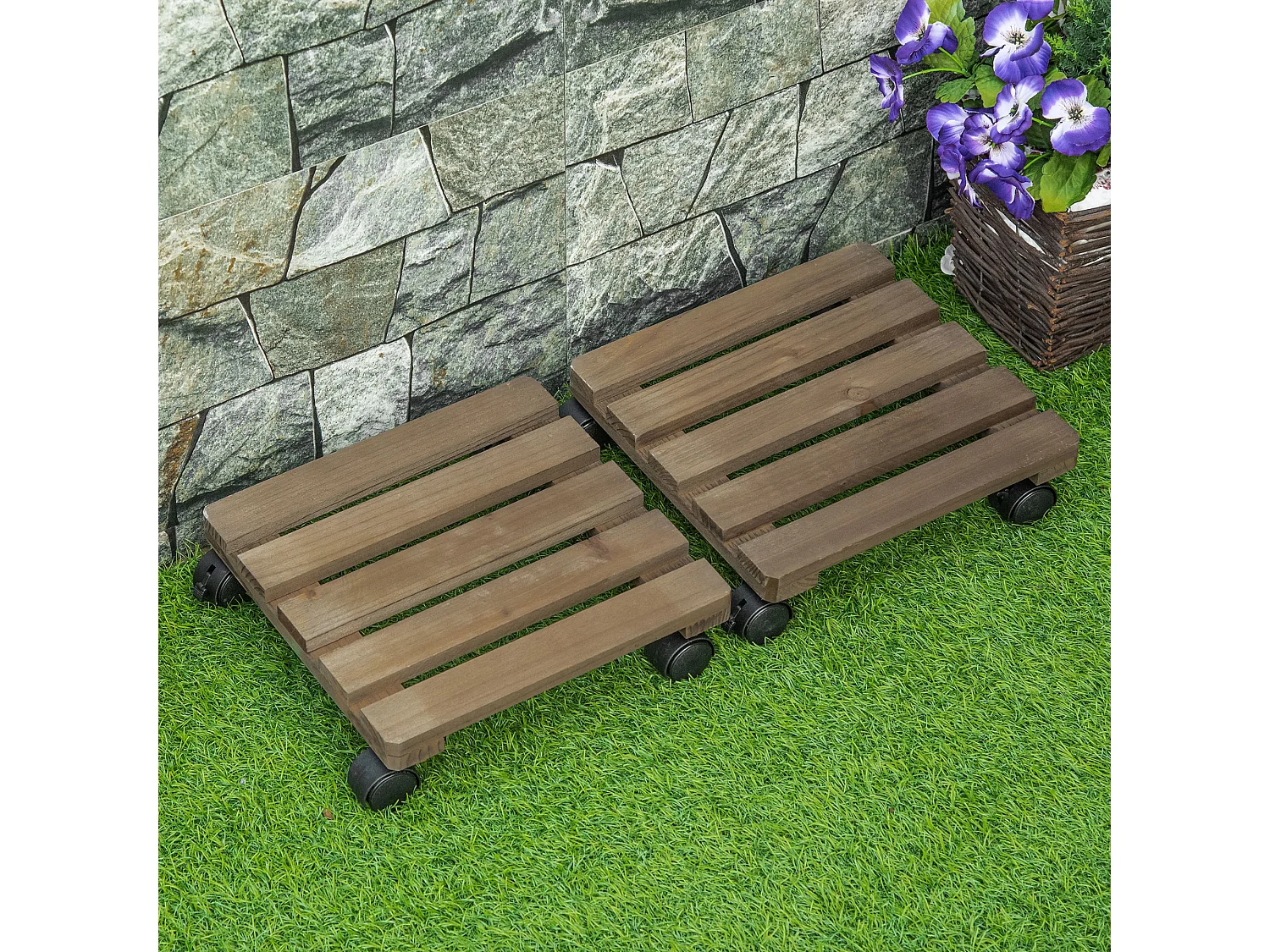 Porte plante à roulettes - support de pots de fleurs à roulettes - lot de 2 - bois sapin pré-huilé