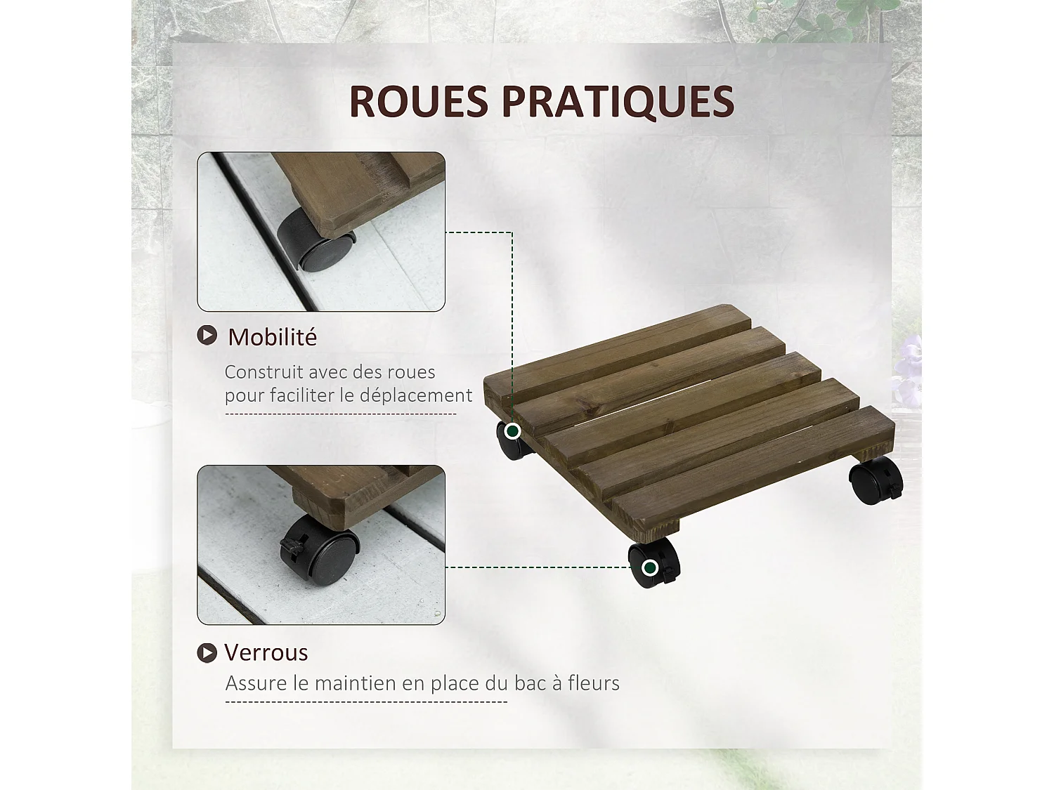 Porte plante à roulettes - support de pots de fleurs à roulettes - lot de 2 - bois sapin pré-huilé