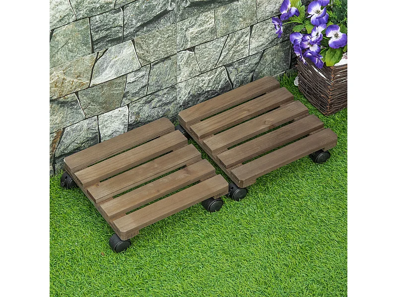 Porte plante à roulettes - support de pots de fleurs à roulettes - lot de 2 - bois sapin pré-huilé