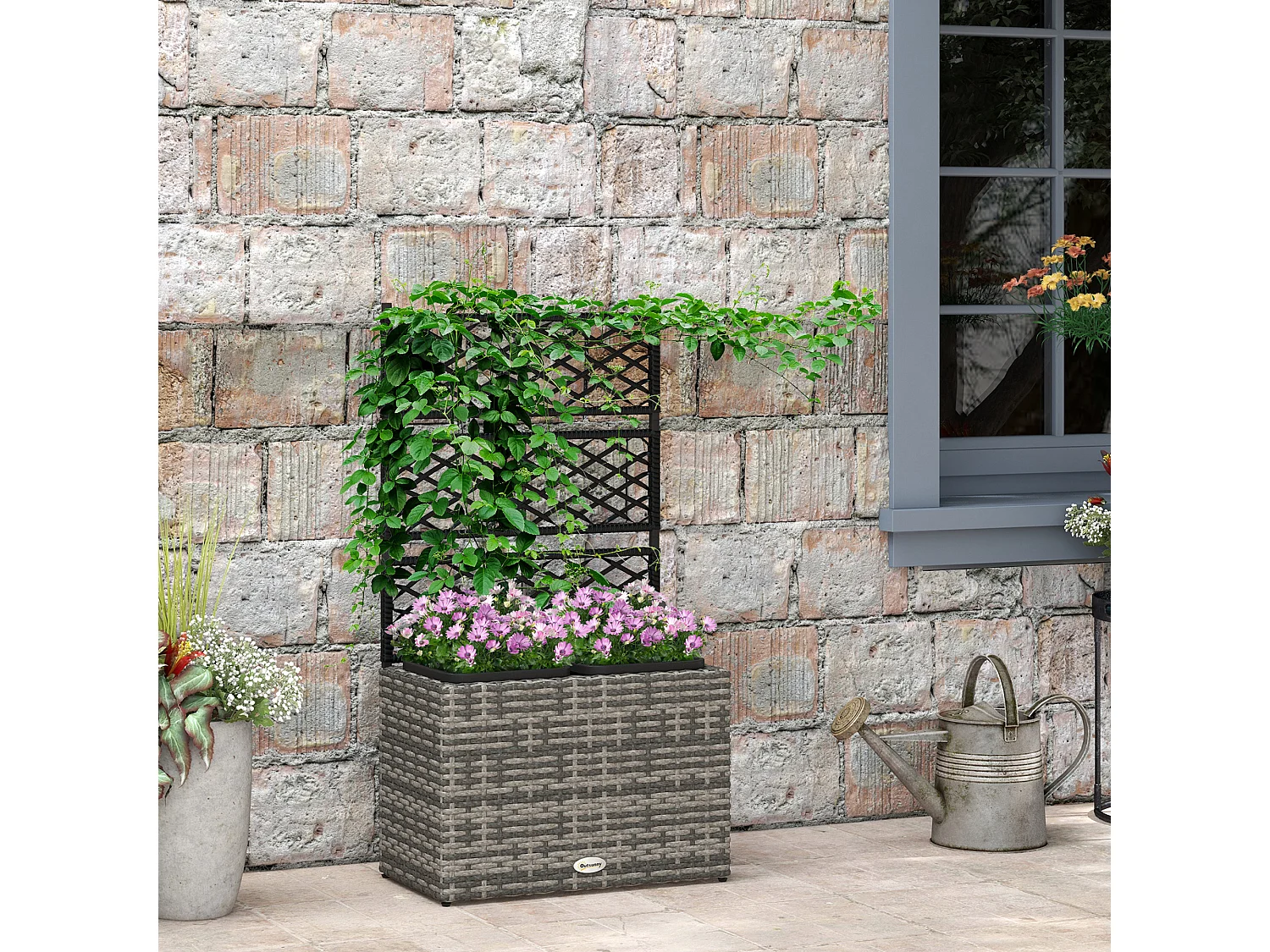 Jardinière avec treillis dim. 57L x 30l x 107H cm 2 bacs inserts d'irrigation inclus PE imitation rotin tressé gris