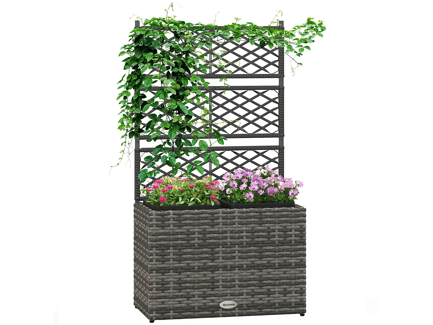 Jardinière avec treillis dim. 57L x 30l x 107H cm 2 bacs inserts d'irrigation inclus PE imitation rotin tressé gris