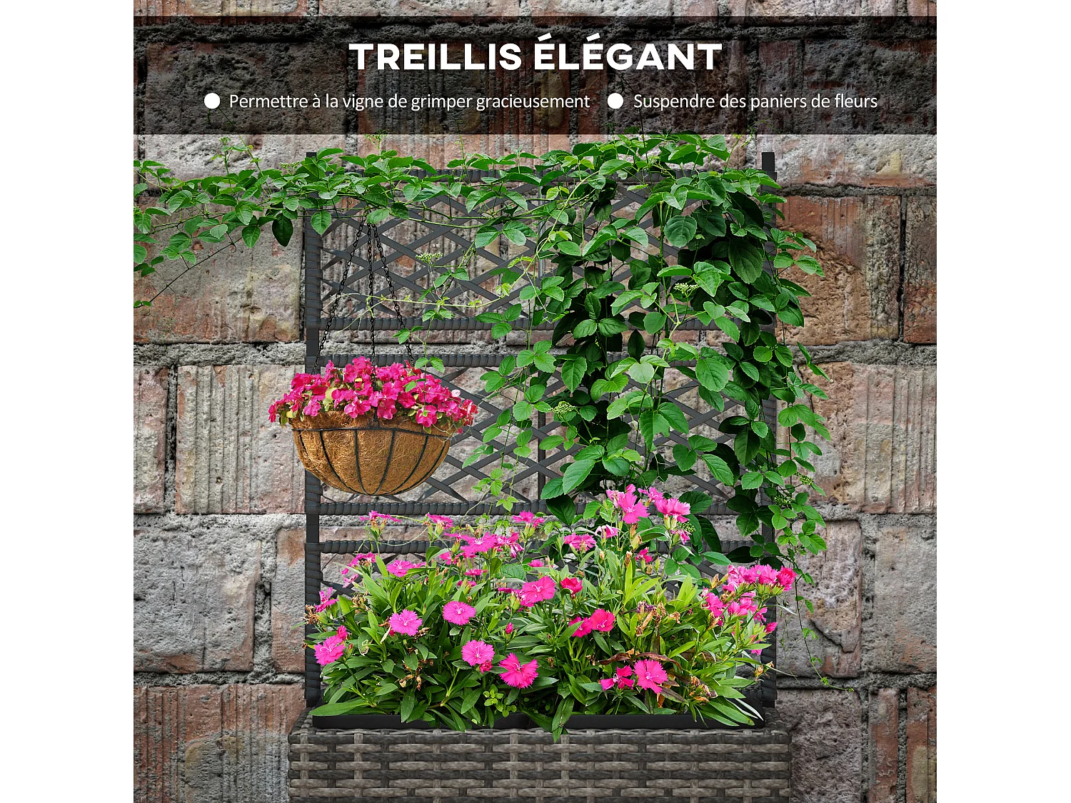 Jardinière avec treillis dim. 57L x 30l x 107H cm 2 bacs inserts d'irrigation inclus PE imitation rotin tressé gris