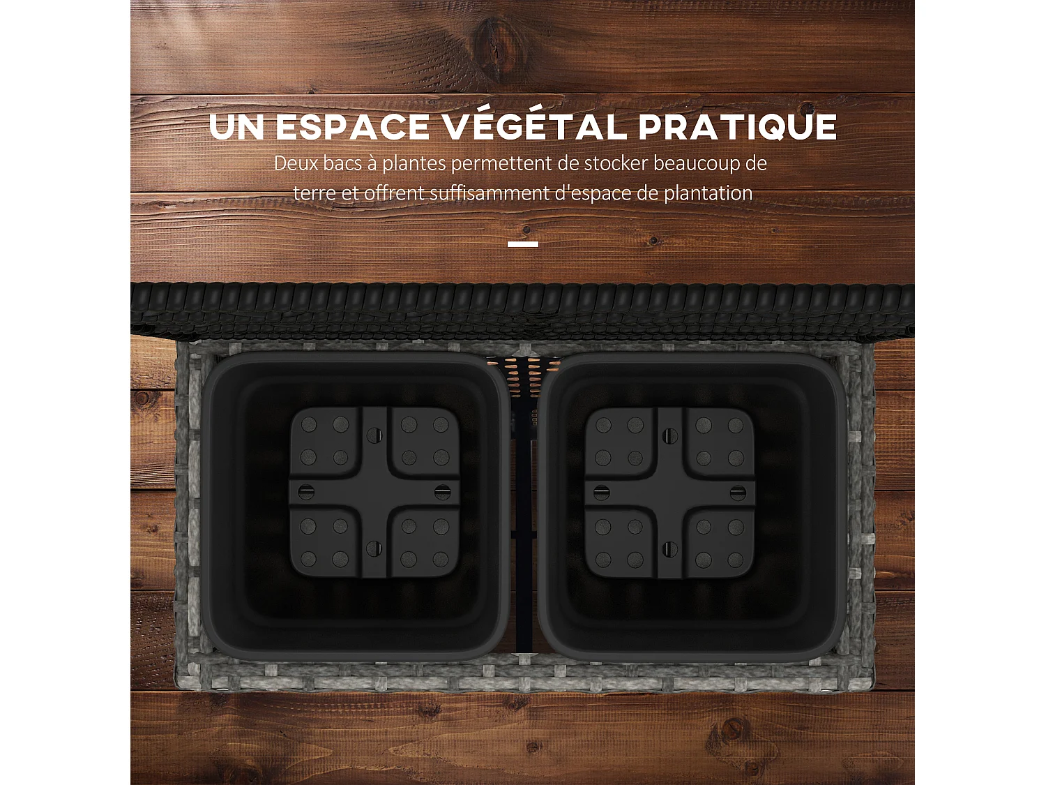 Jardinière avec treillis dim. 57L x 30l x 107H cm 2 bacs inserts d'irrigation inclus PE imitation rotin tressé gris