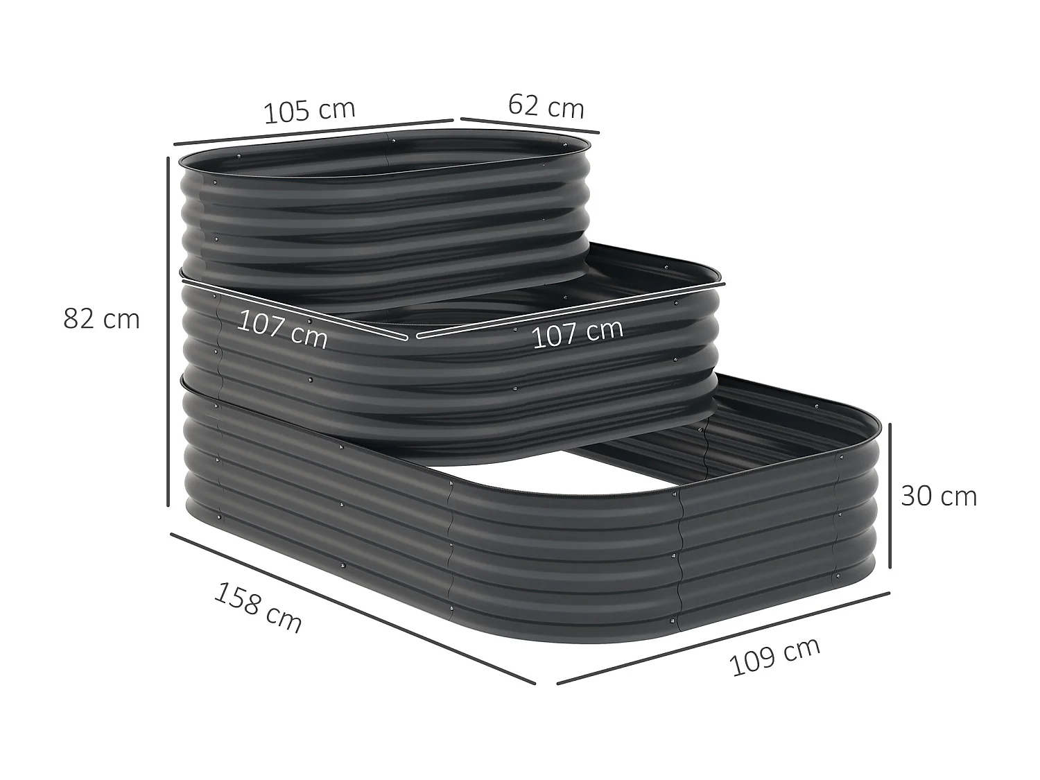 Carré potager jardinière 3 niveaux tôle acier ondulée gris