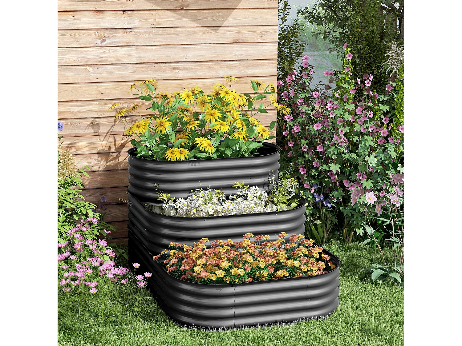 Carré potager jardinière 3 niveaux tôle acier ondulée gris