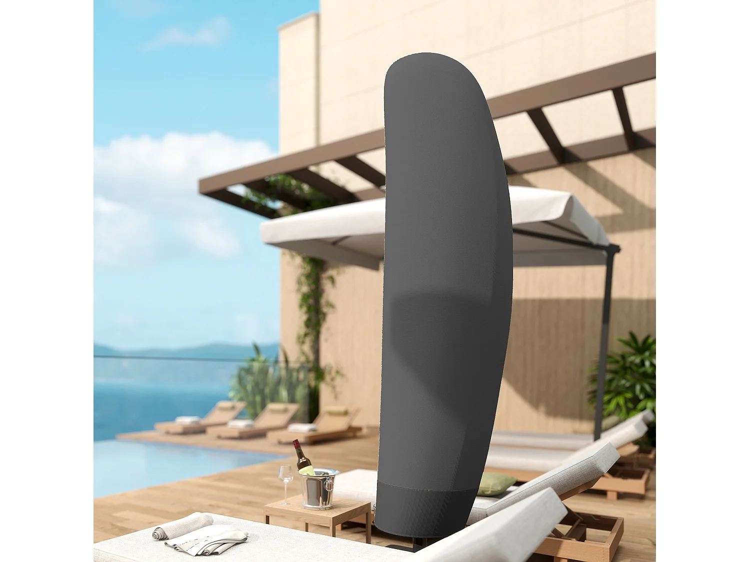 Housse de protection imperméable pour parasol droit avec fermeture éclair et cordon de serrage polyester PVC haute densité noir