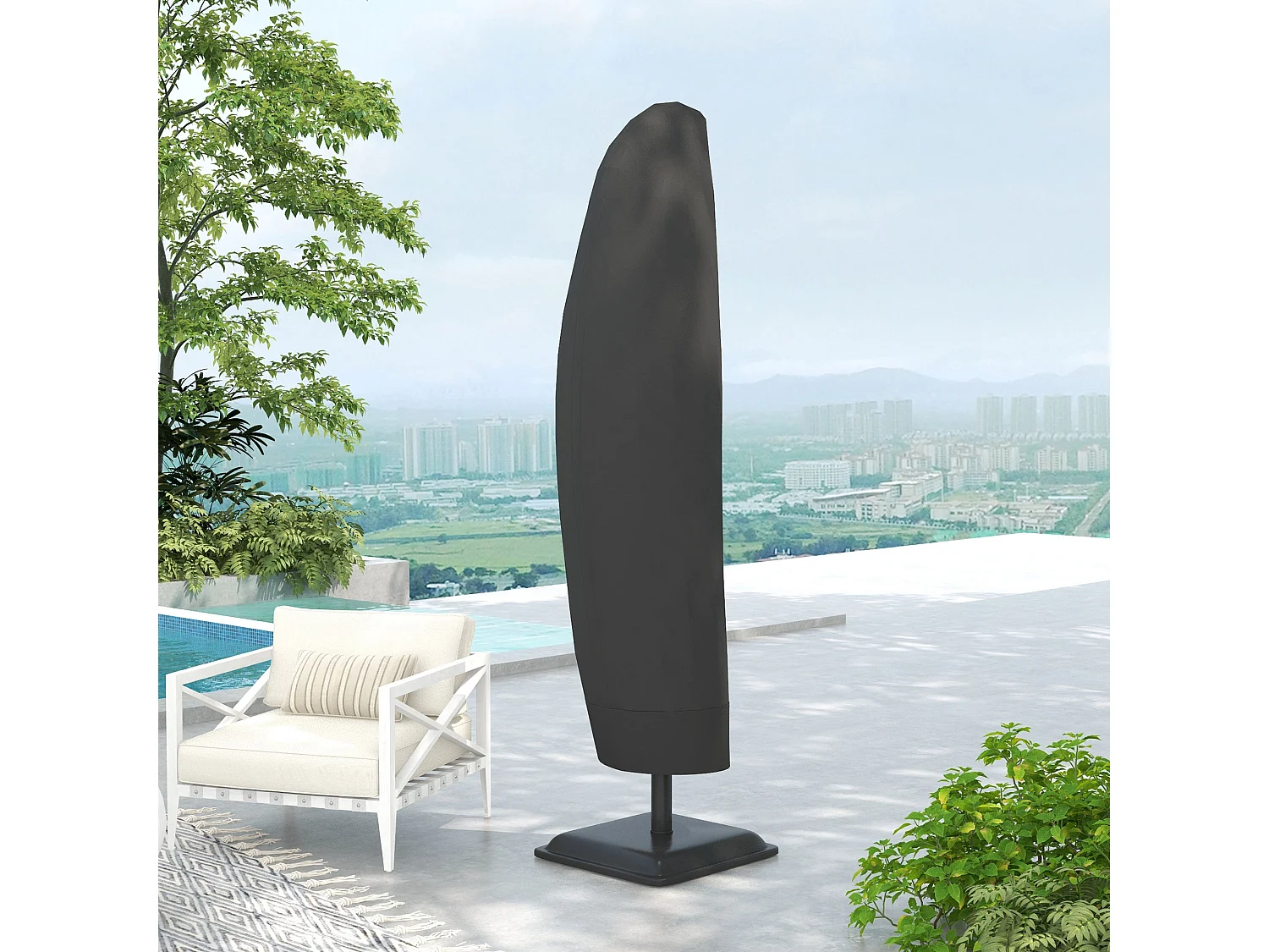 Housse de protection imperméable pour parasol droit avec fermeture éclair et cordon de serrage polyester PVC haute densité noir