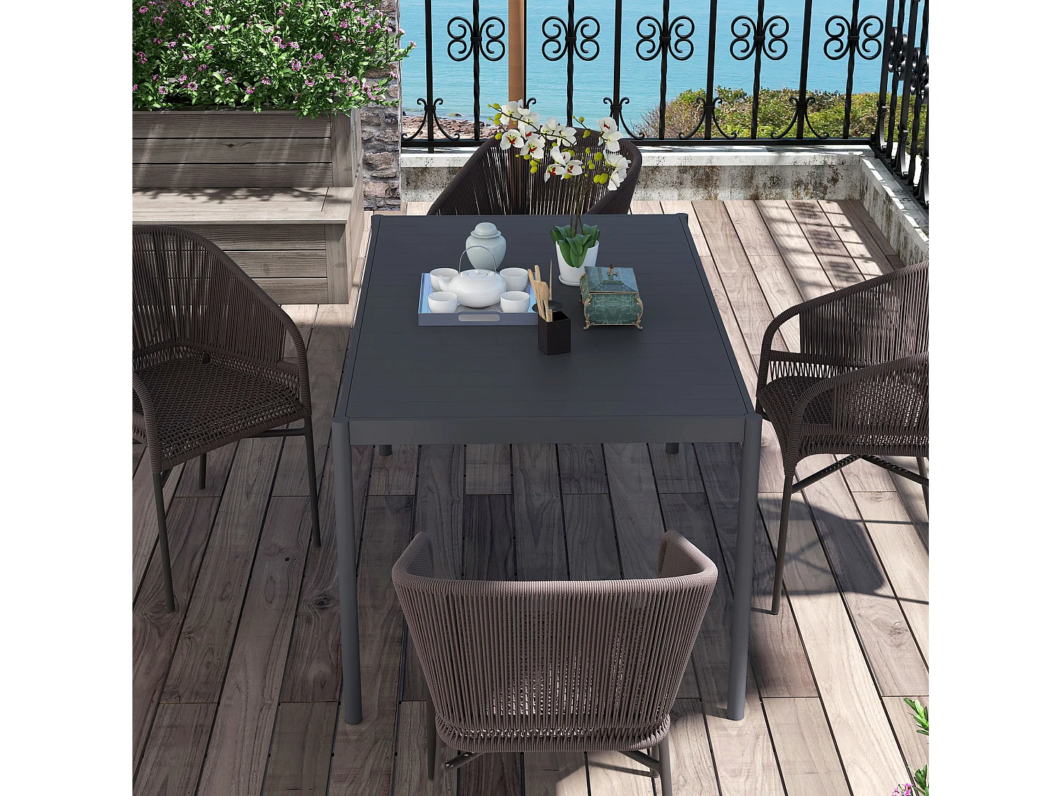 Table de jardin rectangulaire 6 personnes plateau lattes aspect bois alu gris