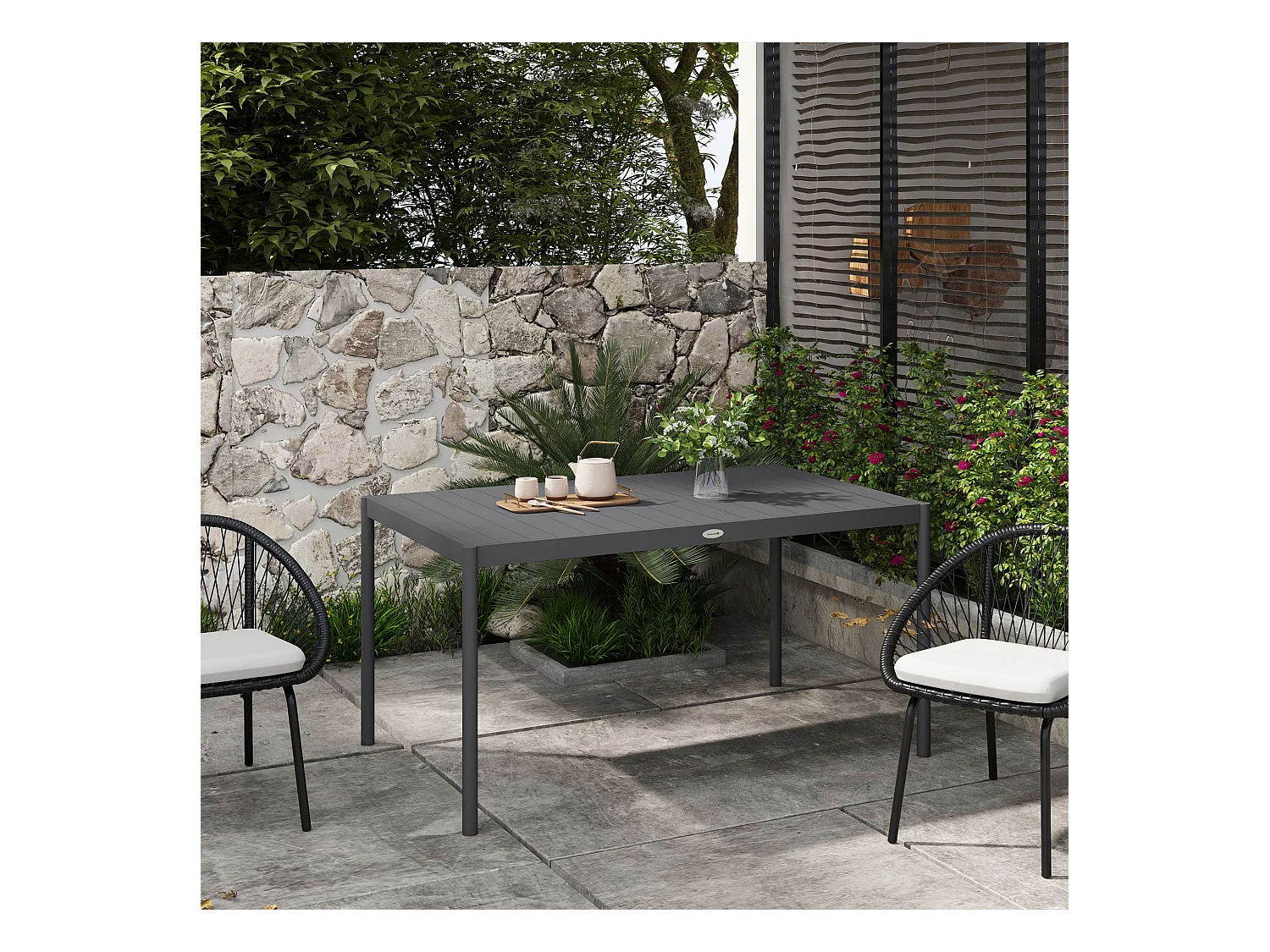 Table de jardin rectangulaire 6 personnes plateau lattes aspect bois alu gris
