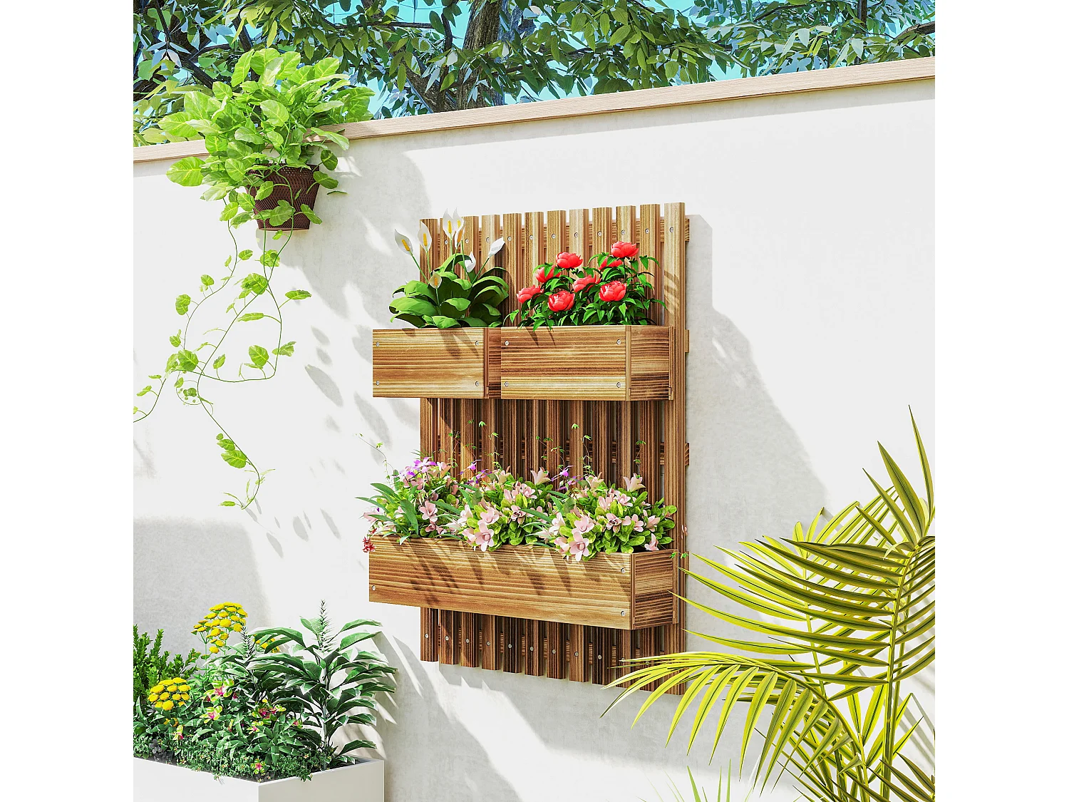 Jardinière murale avec treillis - lot de 3 jardinières murales - dim. 60L x 16l x 80H cm - bois de sapin pré-huilé