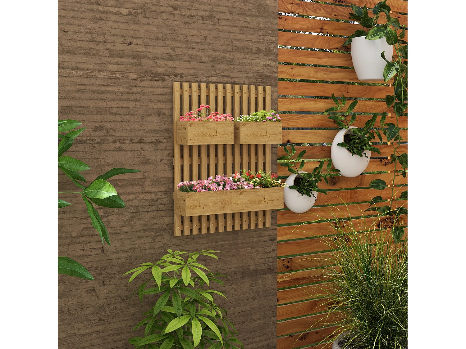 Jardinière murale avec treillis - lot de 3 jardinières murales - dim. 60L x 16l x 80H cm - bois de sapin pré-huilé