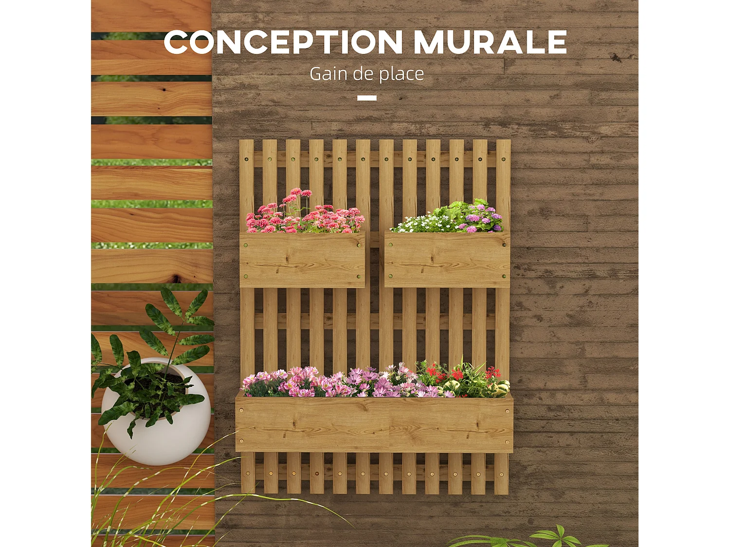 Jardinière murale avec treillis - lot de 3 jardinières murales - dim. 60L x 16l x 80H cm - bois de sapin pré-huilé