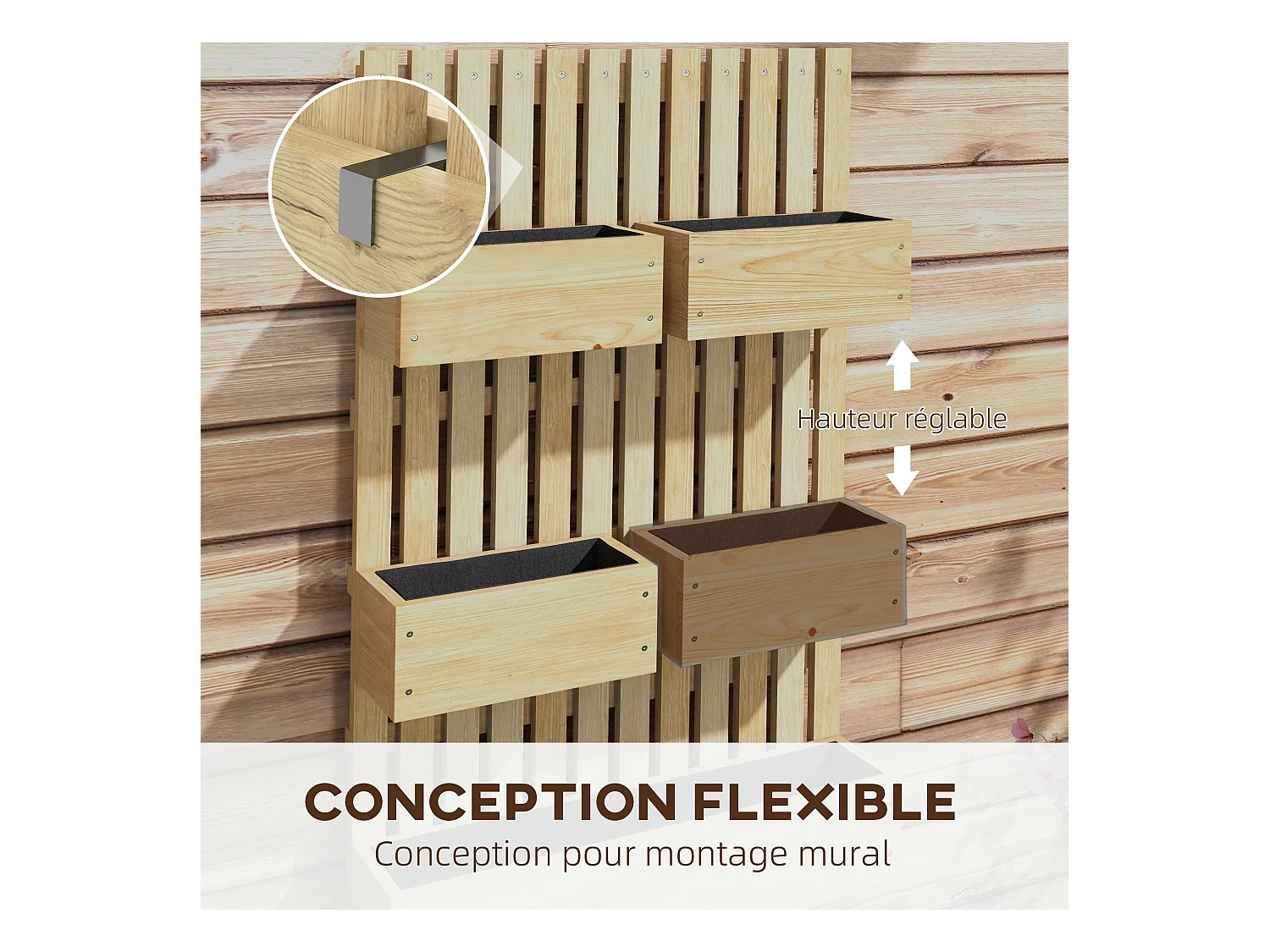 Jardinière murale potager avec 5 bacs amovibles ajustables - dim. 60L x 16l x 100H cm - bois sapin verni