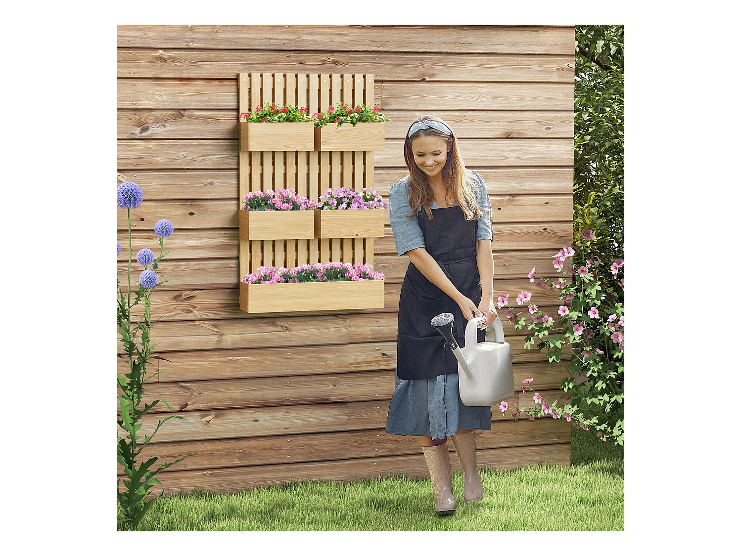 Jardinière murale potager avec 5 bacs amovibles ajustables - dim. 60L x 16l x 100H cm - bois sapin verni