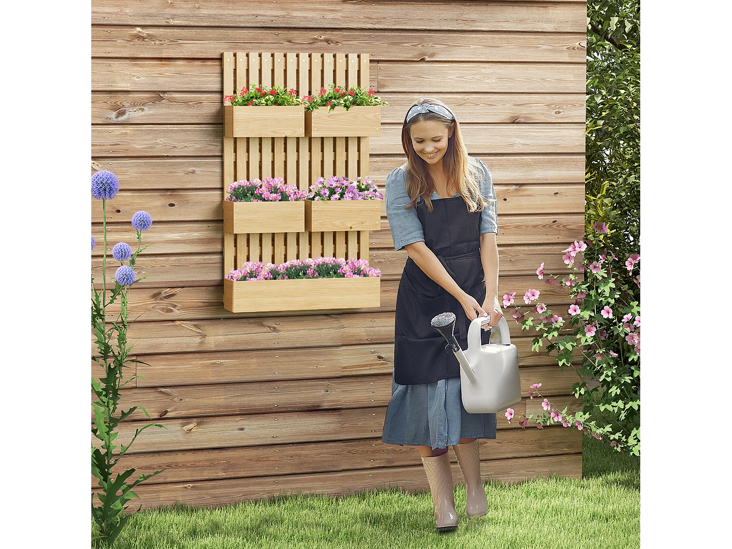 Jardinière murale potager avec 5 bacs amovibles ajustables - dim. 60L x 16l x 100H cm - bois sapin verni