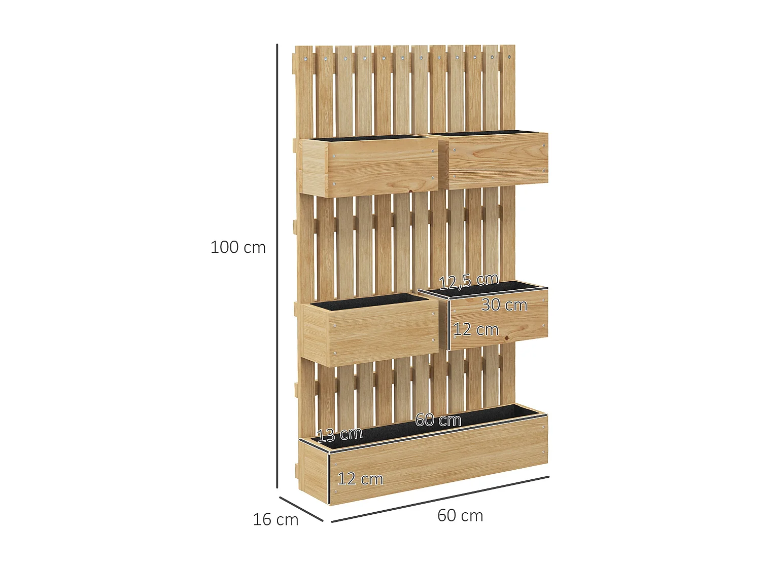 Jardinière murale potager avec 5 bacs amovibles ajustables - dim. 60L x 16l x 100H cm - bois sapin verni
