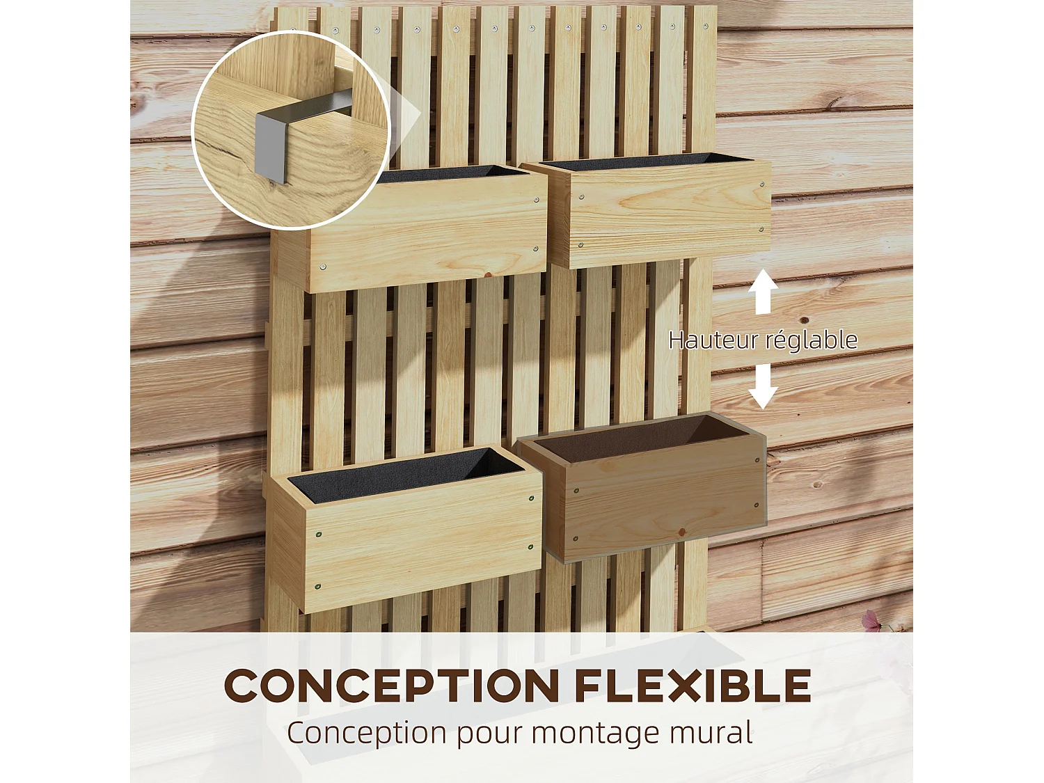 Jardinière murale potager avec 5 bacs amovibles ajustables - dim. 60L x 16l x 100H cm - bois sapin verni