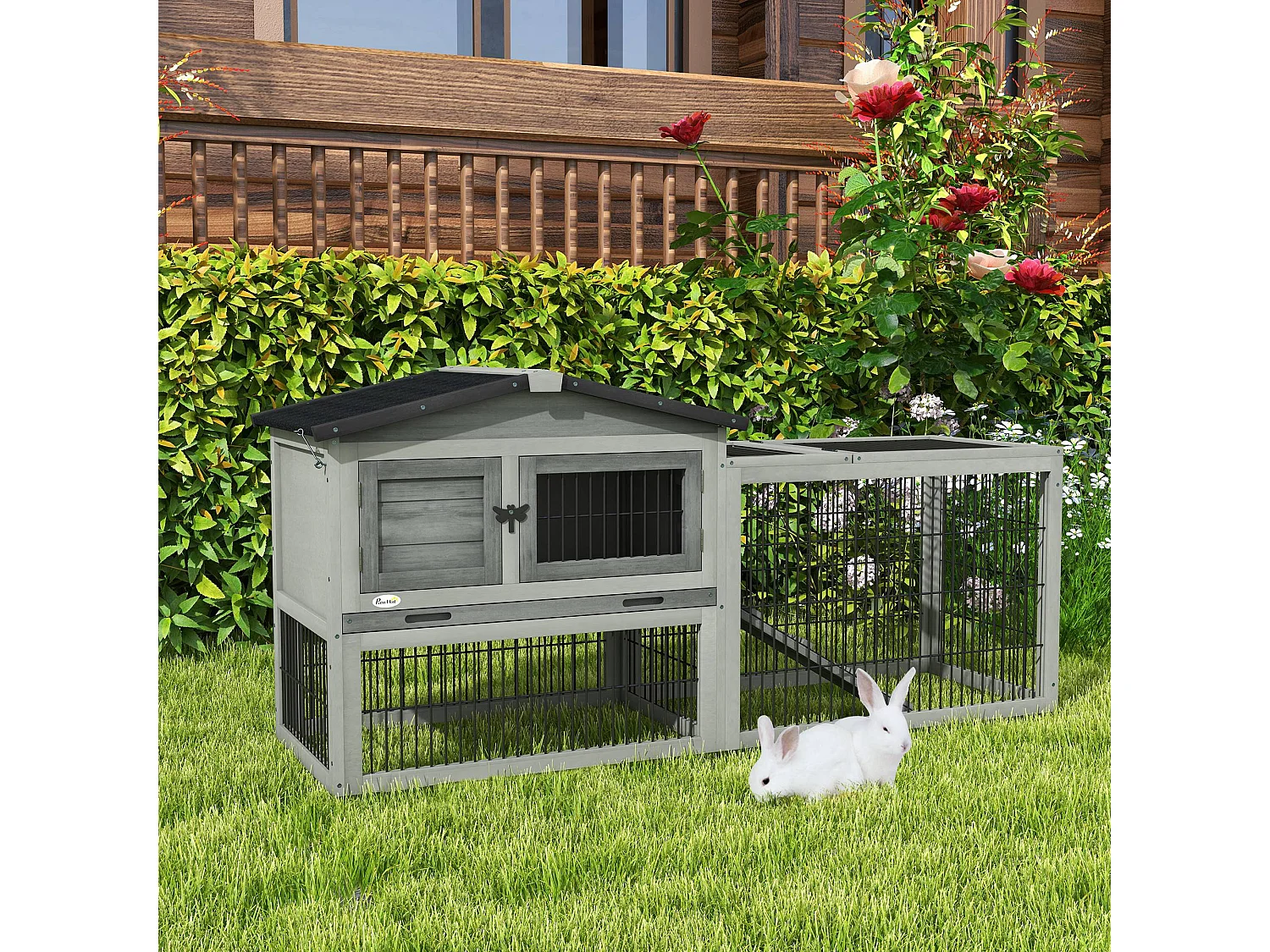 Clapier cage à lapins cottage - niche haute, rampe, enclos extérieur - plateau excrément, toit ouvrant, 2 portes verrouillables - bois gris