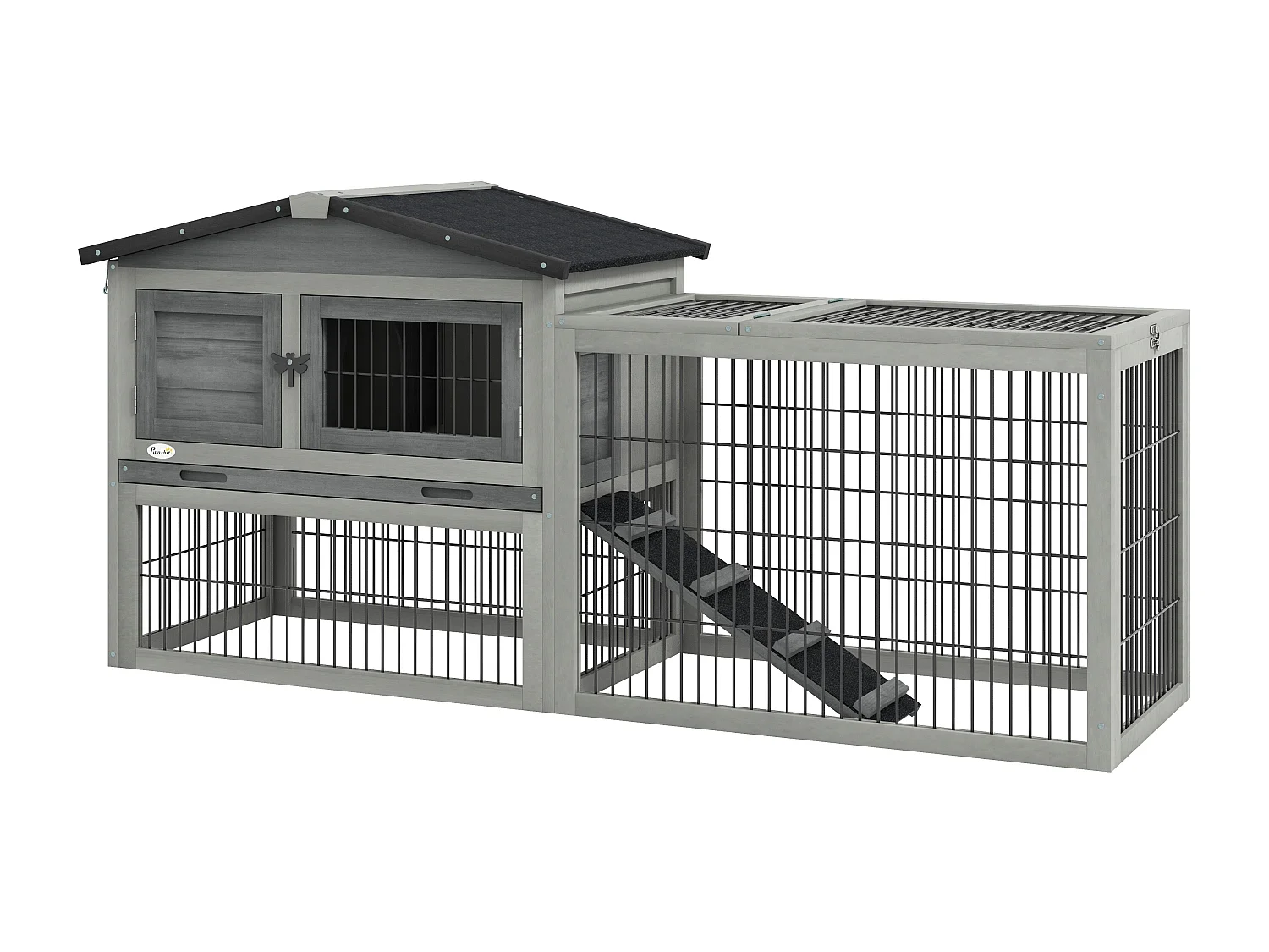 Clapier cage à lapins cottage - niche haute, rampe, enclos extérieur - plateau excrément, toit ouvrant, 2 portes verrouillables - bois gris