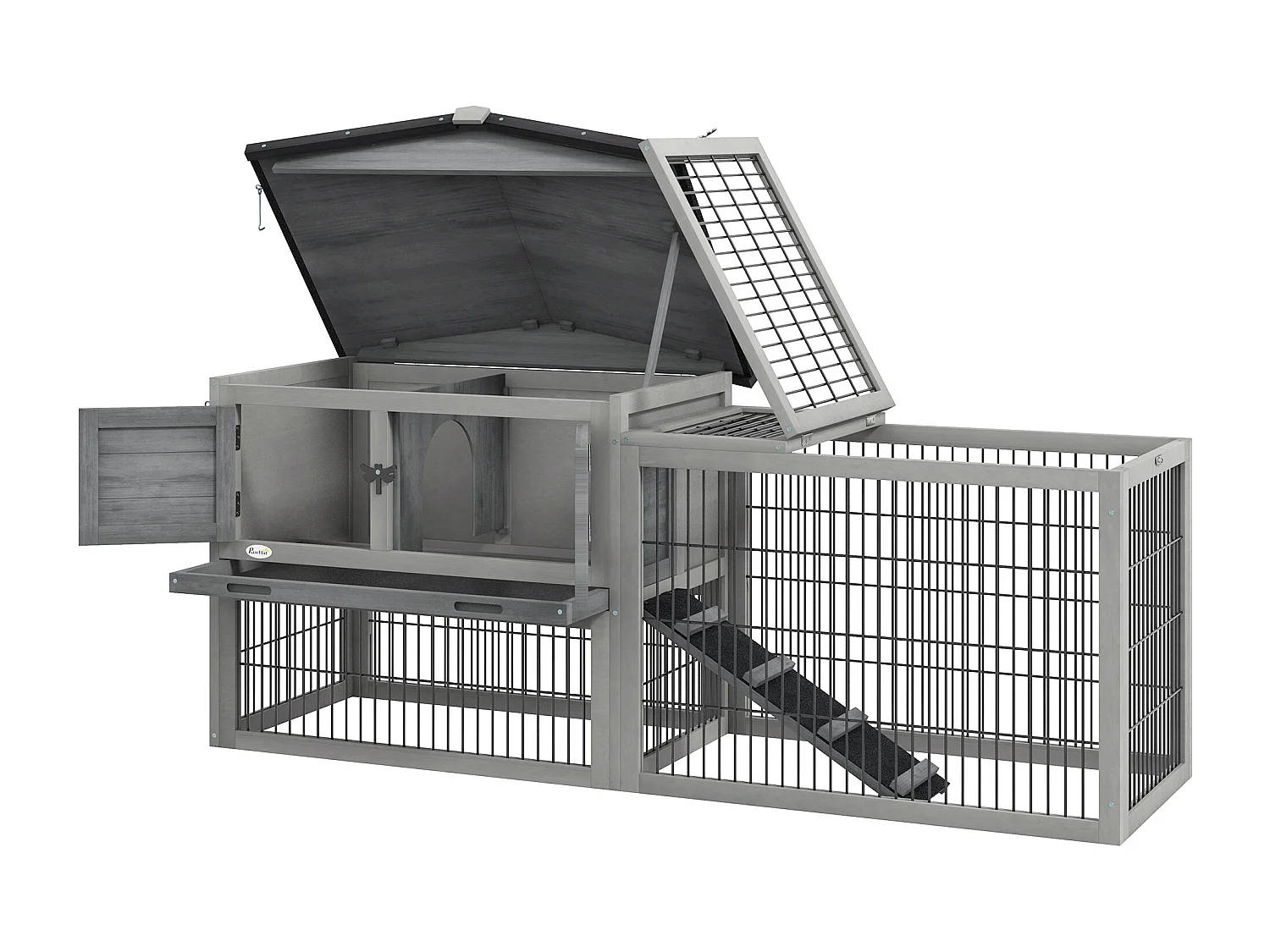 Clapier cage à lapins cottage - niche haute, rampe, enclos extérieur - plateau excrément, toit ouvrant, 2 portes verrouillables - bois gris