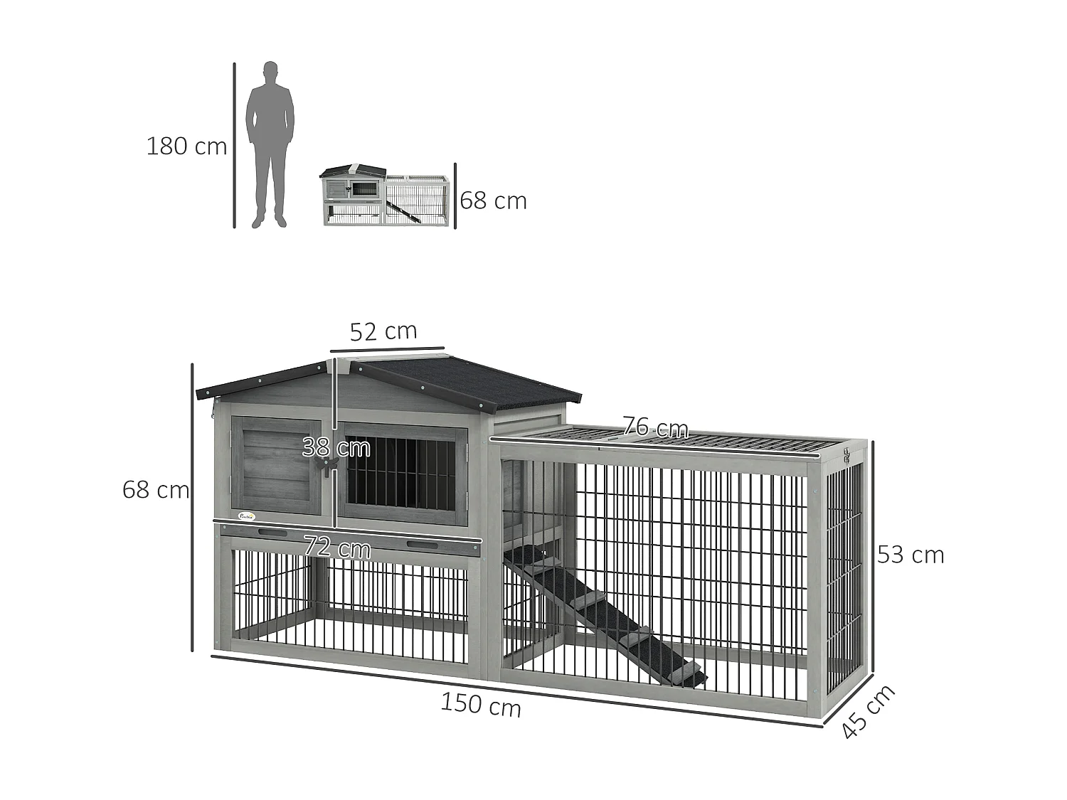 Clapier cage à lapins cottage - niche haute, rampe, enclos extérieur - plateau excrément, toit ouvrant, 2 portes verrouillables - bois gris