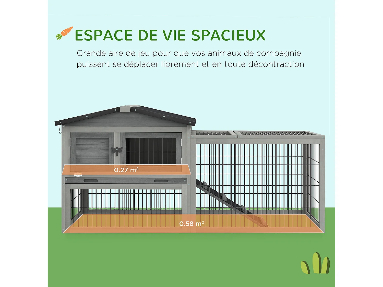 Clapier cage à lapins cottage - niche haute, rampe, enclos extérieur - plateau excrément, toit ouvrant, 2 portes verrouillables - bois gris