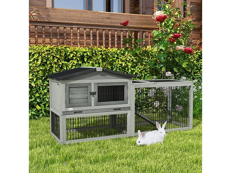 Clapier cage à lapins cottage - niche haute, rampe, enclos extérieur - plateau excrément, toit ouvrant, 2 portes verrouillables - bois gris