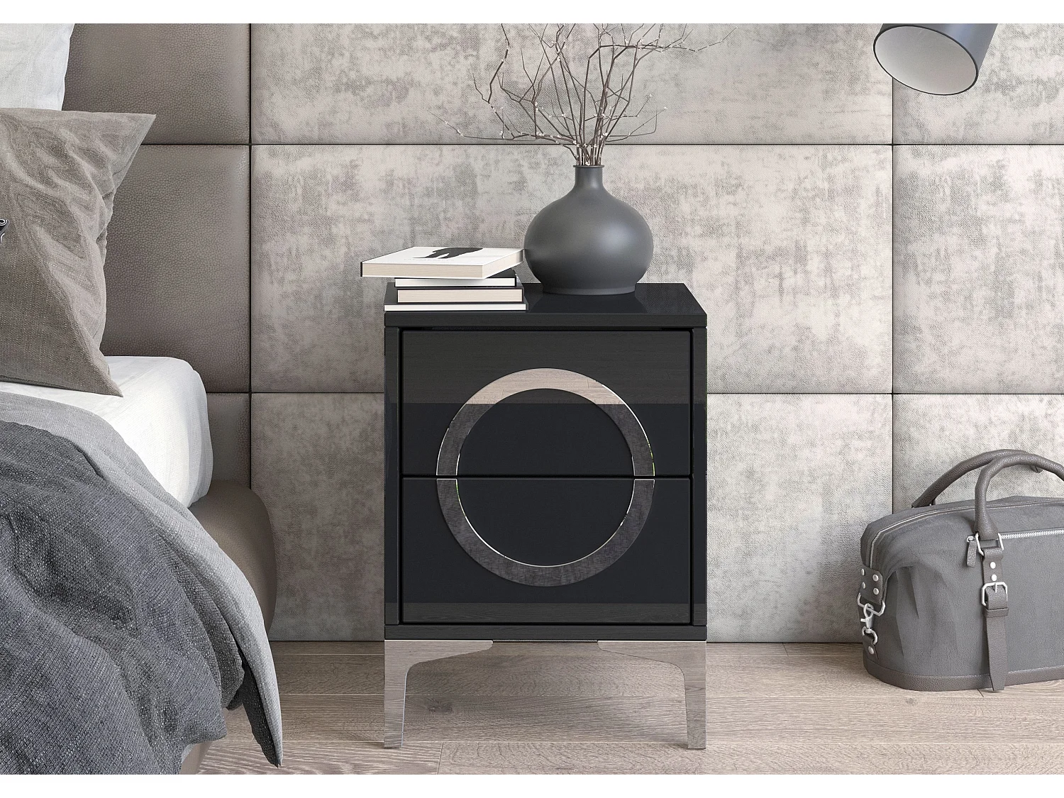 Nachttisch Eva, schwarz, silberne akzente, hochlglanz